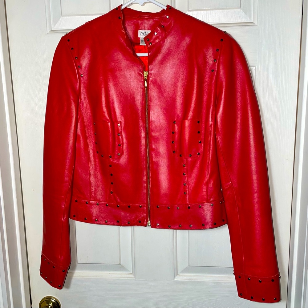Cache Red Leather Brass Studded Jacket - image 1